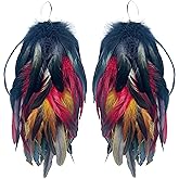 Boho Feather Earrings for Women – Large Colorful Festival Earrings with Real Feathers – Handmade Statement Jewelry for Bohemian Style, Burning Man, Rave, Halloween