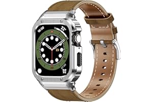 SUPLINK Leather Band with Stainless Steel Case for Apple Watch Ultra 3/2/1 & SE 3/2/1 & Series 11 10 9 8 7 6 5 4 3 2 1 49mm 46mm 45mm 44mm 42mm 41mm 40mm 38mm,Rugged Bumper for Men