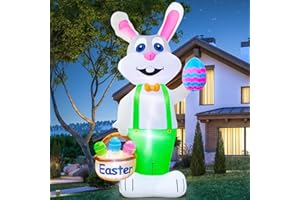TURNMEON 8 Feet Giant Bunny Easter Inflatables Outdoor Decoration, Lighted Blow up Rabbit Holds Easter Eggs Basket with Tether Stakes LED Light Easter Decor Home Yard Lawn Garden Party Easter Egg Hunt
