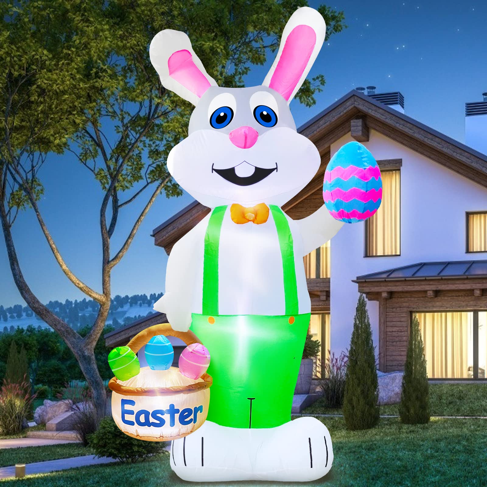 Photo 1 of TURNMEON 8 Feet Giant Bunny Easter Inflatables Outdoor Decoration, Lighted Blow up Rabbit Holds Easter Eggs Basket with Tether Stakes LED Light Easter Decor Home Yard Lawn Garden Party Easter Egg Hunt