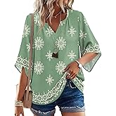 LOMON Women's 3/4 Length Sleeve Boho Tops V Neck Casual Vacation Clothes Loose Fit Tunic Shirts S-3XL
