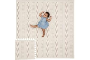 CHILDLIKE BEHAVIOR XXL Baby Play Mats, 72”x72” Puzzle with 9 Foam Tiles, Crawling Mat with Interlocking Tiles, 24”x24” Puzzle Mat Pieces, Neutral Playmat for Toddlers & Infants Play Pen - Beige