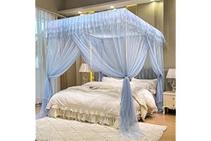 Niemro Blue Mosquito Net Tent for Bed，Three Side Opening Laciness Top Canopy Netting Curtain Net for Bedroom Decoration for Queen Size（Without Bed Frame）