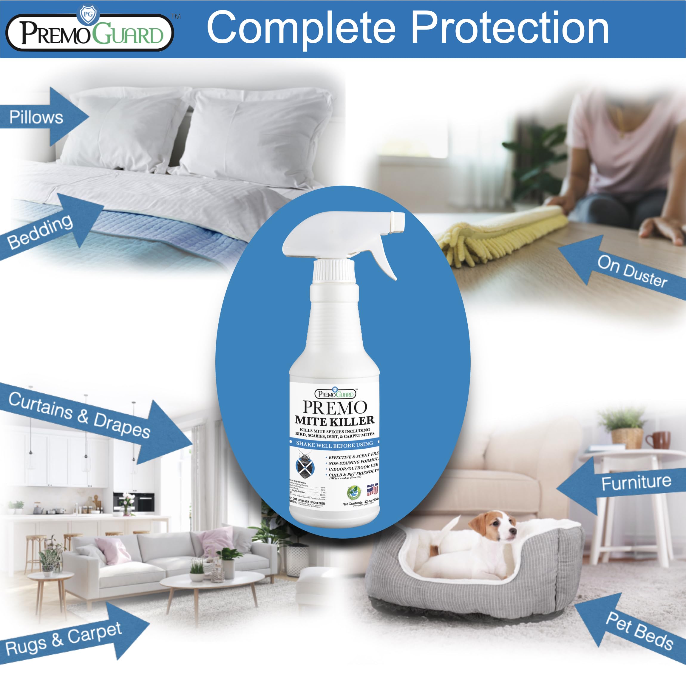 Premo Guard Mite Treatment Spray – 32 oz – Kills Dust, Scabies, Spider, Carpet, Bird, Mouse & Rat Mites in Home, on Furniture, Bedding – Natural Non-Toxic 100% Effective – Child & Pet Safe