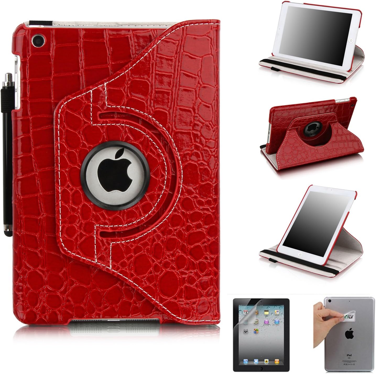 E-LV 360 Degrees Rotating Stand Leather Smart Case for Apple iPad Mini/iPad Nano Luxury Crocodile Pattern 1 Screen Protector, 1 Stylus and 1 Cleaning Cloth (Red, iPad mini)