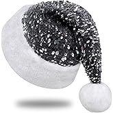 Chisander Sequin Santa Hat for Adults with Shiny Sequin and Fluffy Pompom, Party Hat for New Year Xmas Festival