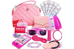 Alloytop Kids Pretend Play Little Girl Purse Accessories, Mini Bag Toy Cell Phone Fake Makeup Wallet Sunglasses Keys Credit Card Princess Kit Birthday Gifts Toys for 3 4 5 6 7 8 9 10+ Year Old Girls