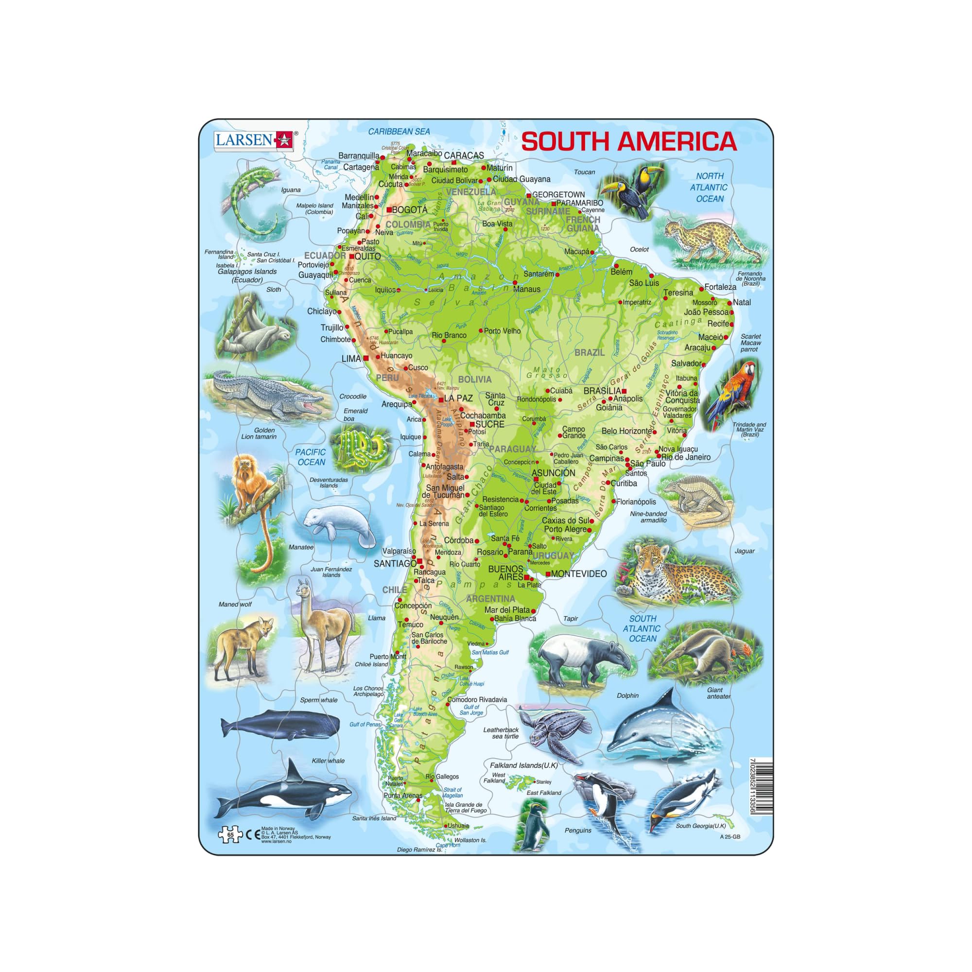 Larsen A25 South America Jigsaw Puzzle Topographic Map, English Edition, for Children & Adults - 65 Pieces | Educational & Fun Puzzle | Boxless Tray & Frame Included
