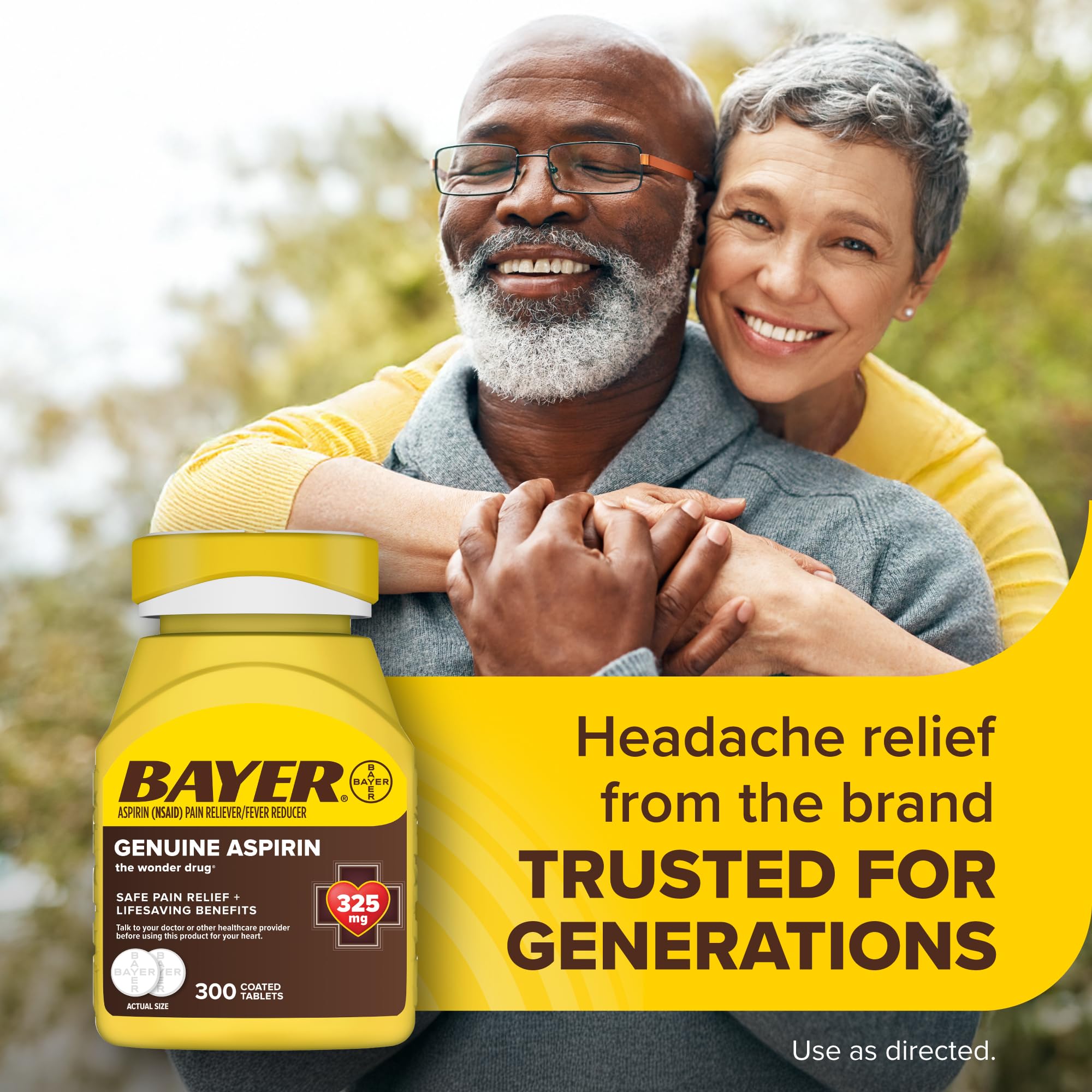 Bayer Genuine Aspirin 325 mg, Coated Tablets for Headache Relief, Multi-Symptom Pain Reliever and Fever Reducer, Pain Relief Tablets for Tooth and Muscle Pain, Backache, 300 Ct