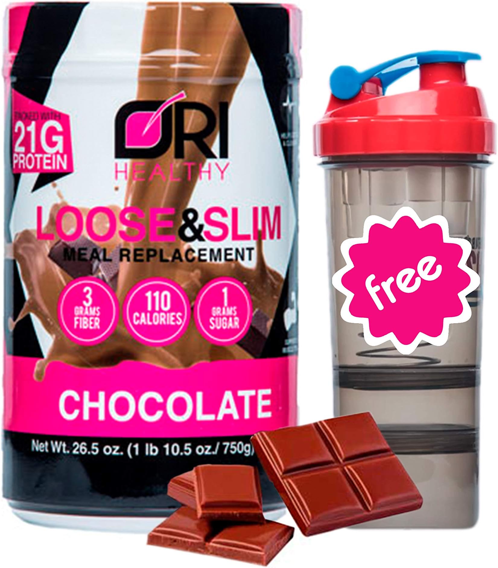 Loose & Slim Meal Replacement Shake Chocolate, Weight Loss, Low Carb, 21g Protein, 3g Dietary Fiber, 1g Sugar, 110 Calories. Vitamin Rich, Delicious Flavor + 1 Shaker Bottle Free