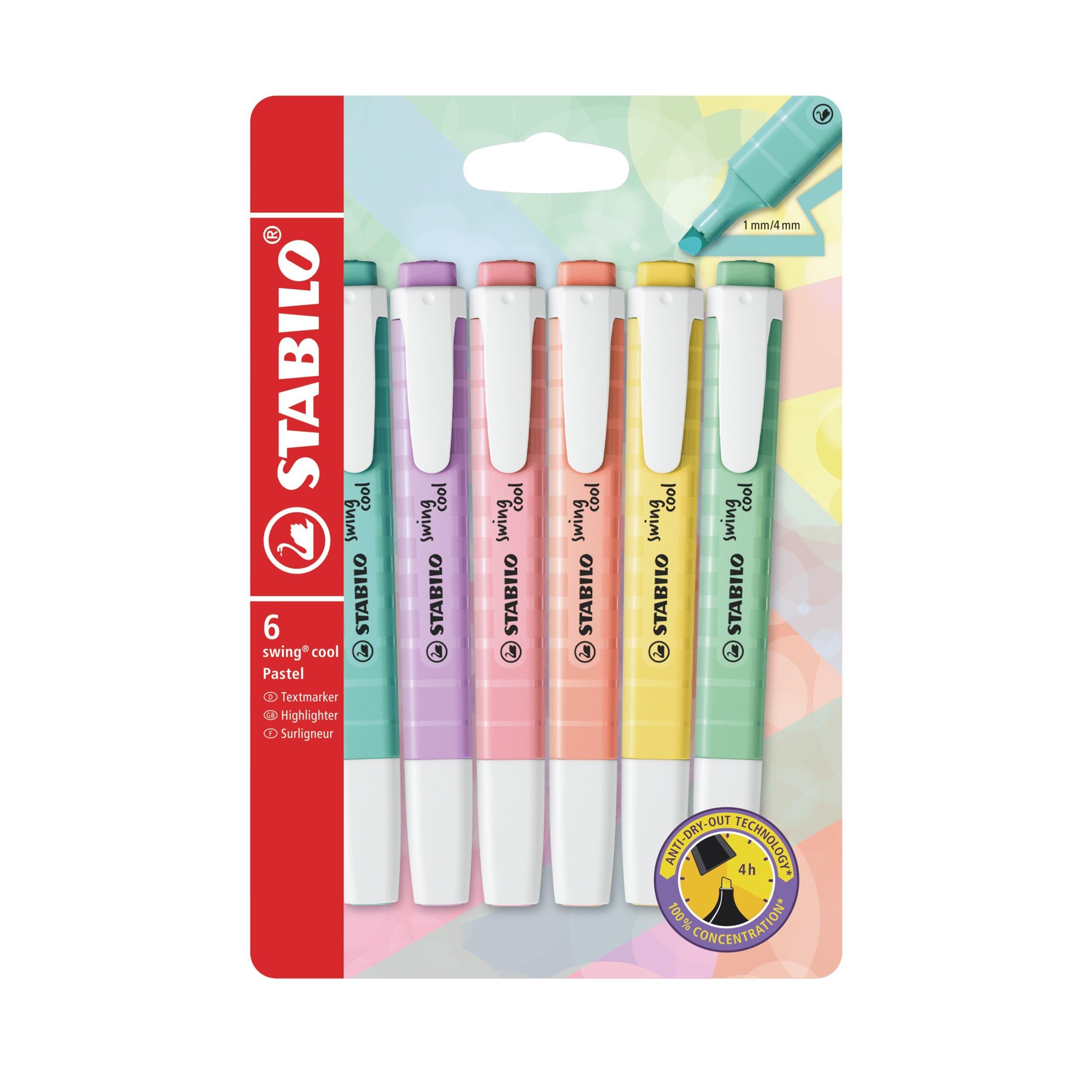 STABILO swing cool Pastel - Highlighter - Pack of 6 - Touch of Turquoise, Hint of Mint, Creamy Peach, Pink Blush, Milky Yellow, Lilac Haze — image 1