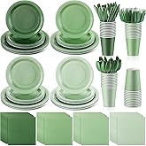 Nuogo 168 Pcs Sage Green Tableware Set Gradient Green 7 in 9 in Plates 9oz Cups Supplies Disposable Paper Plates Napkins Cup Fork Knives Spoon for Party Baby Shower Birthday Wedding