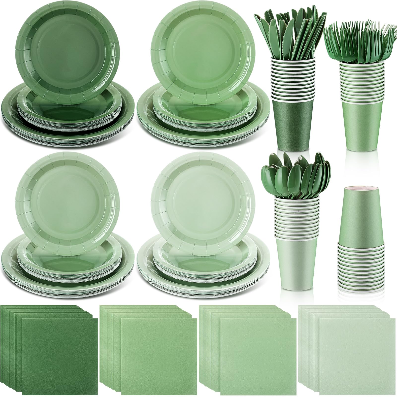 Photo 1 of Nuogo 336 Pcs Tableware Set Plates and Napkins Party Supplies Disposable Paper Plates Napkins Cup Fork Knives Spoon for Baby Shower Birthday Wedding Dessert (Gradient Green)