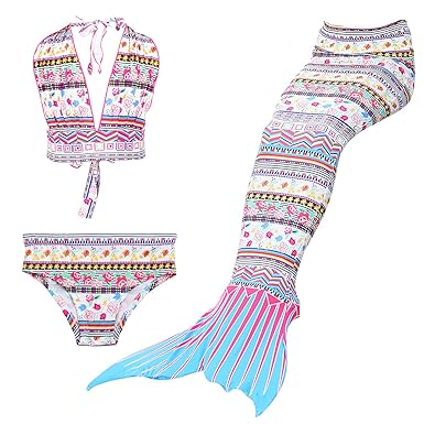 Jellybro 3PCS Kids Girls Swimsuit Mermaid Tail for Swimming Children Princess Costume