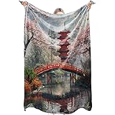 zbezbe Japanese Garden Cherry Blossom Flannel Blanket Red Bridge and Pagoda Throw Blankets Lightweight Soft for Party Chair Bed Sofa Camping Travel,Home Decor,Gifts Women,50x60in