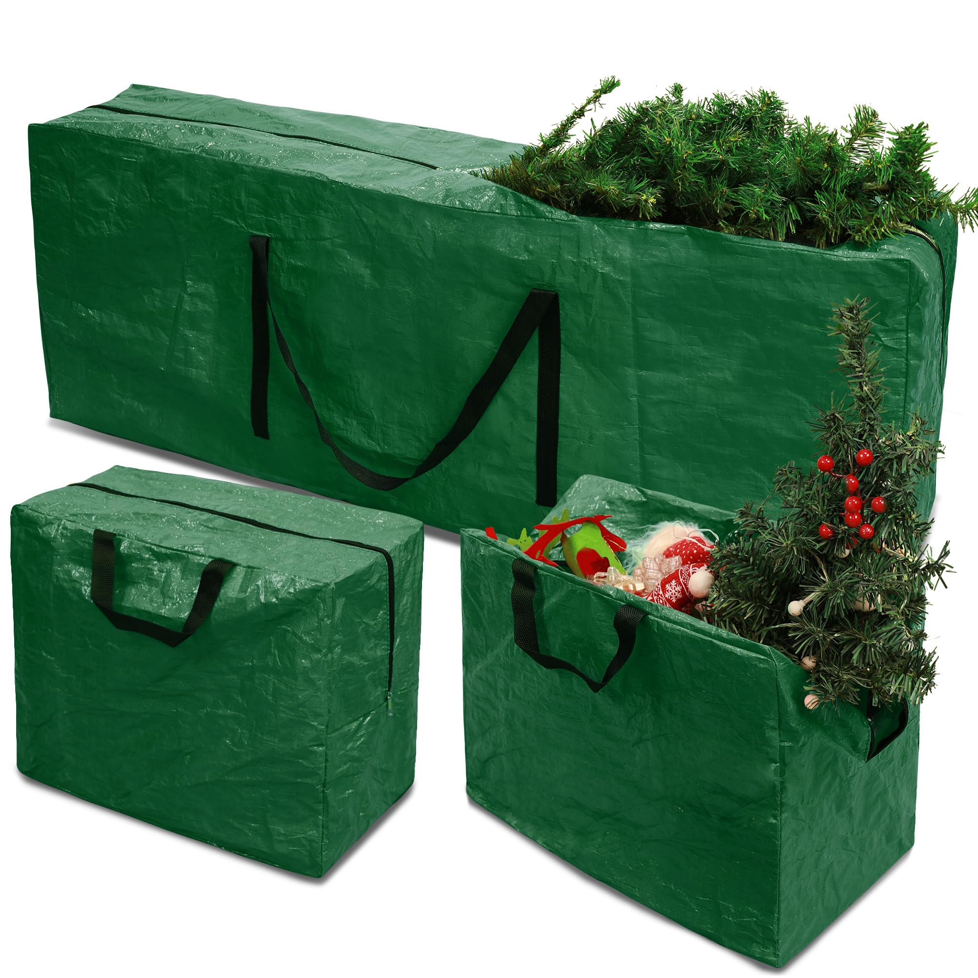 RICHIE 3-Piece Large Christmas Tree Storage Bag with 2 Christmas Decoration Bags for up to 7.5ft Tall Christmas Trees, Xmas Tree Storage Box Easy to Carry, Waterproof Storage Bags (Green)