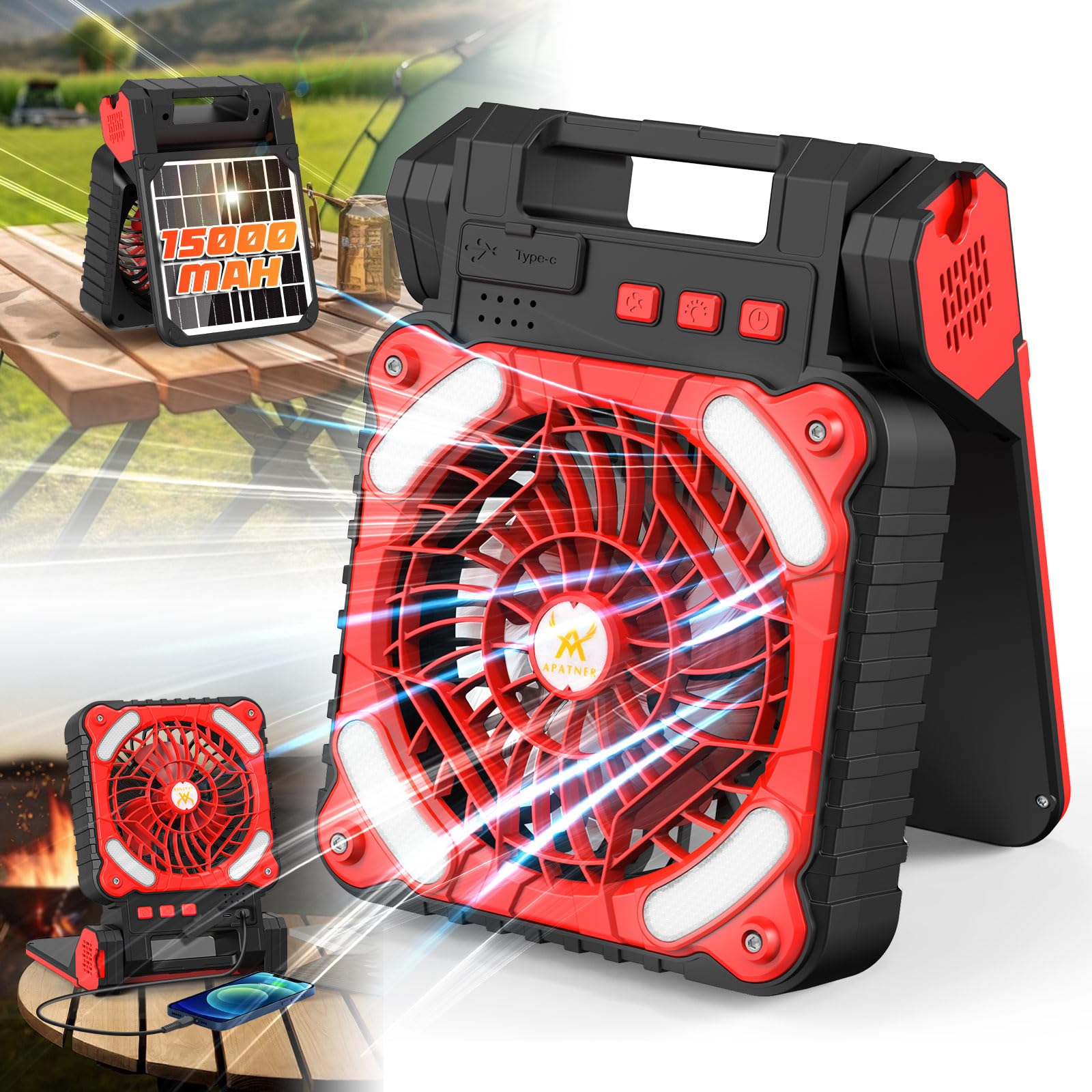 Solar Camping Fan for Greenhouse, 11000mAh Outdoor Solar Car Fans,Portable Rechargeable Tent Cooling Fan Battery Operated with Lights,4 Speed,3 Timers, for Picnic, Fishing, Gazebo