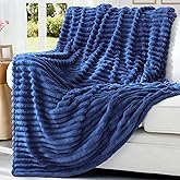 decorUhome Soft Fleece Navy Blue Throw Blanket for Couch, Cozy Fluffy Plush Flannel Striped Blanket for Sofa Bed, Lightweight Decorative Ribbed Fuzzy Blanket for Woman, 50x60 Inches