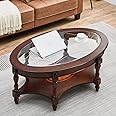 MODERION Traditional Coffee Table with Tempered Glass Top and Storage Shelf, Farmhouse Living Room Solid Wood Frame,Oval Cocktail Center for Home, Easy Assembly Cherry Walnut KFZ1533GT