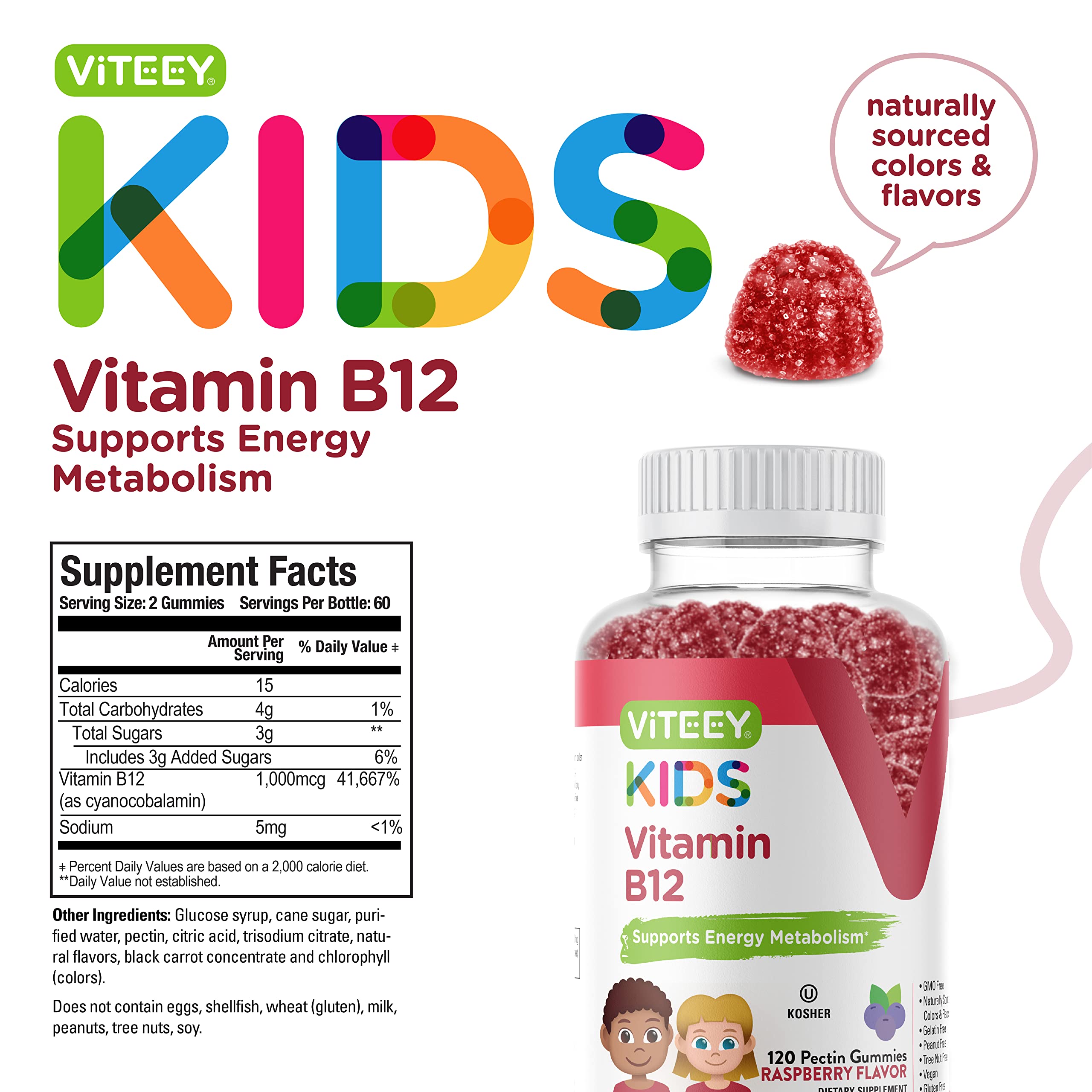 Vitamin B12 for Kids Gummies, 1000mcg - Metabolism, Natural Energy Support - Vegan, Gelatin Free, Gluten Free, GMO Free - Tasty Chewable B12 Raspberry Flavored Gummy