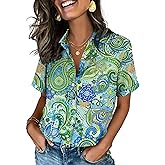 Zeagoo Button Down Shirts for Women Short Sleeve Collared Tops Dressy Casual V Neck Blouses