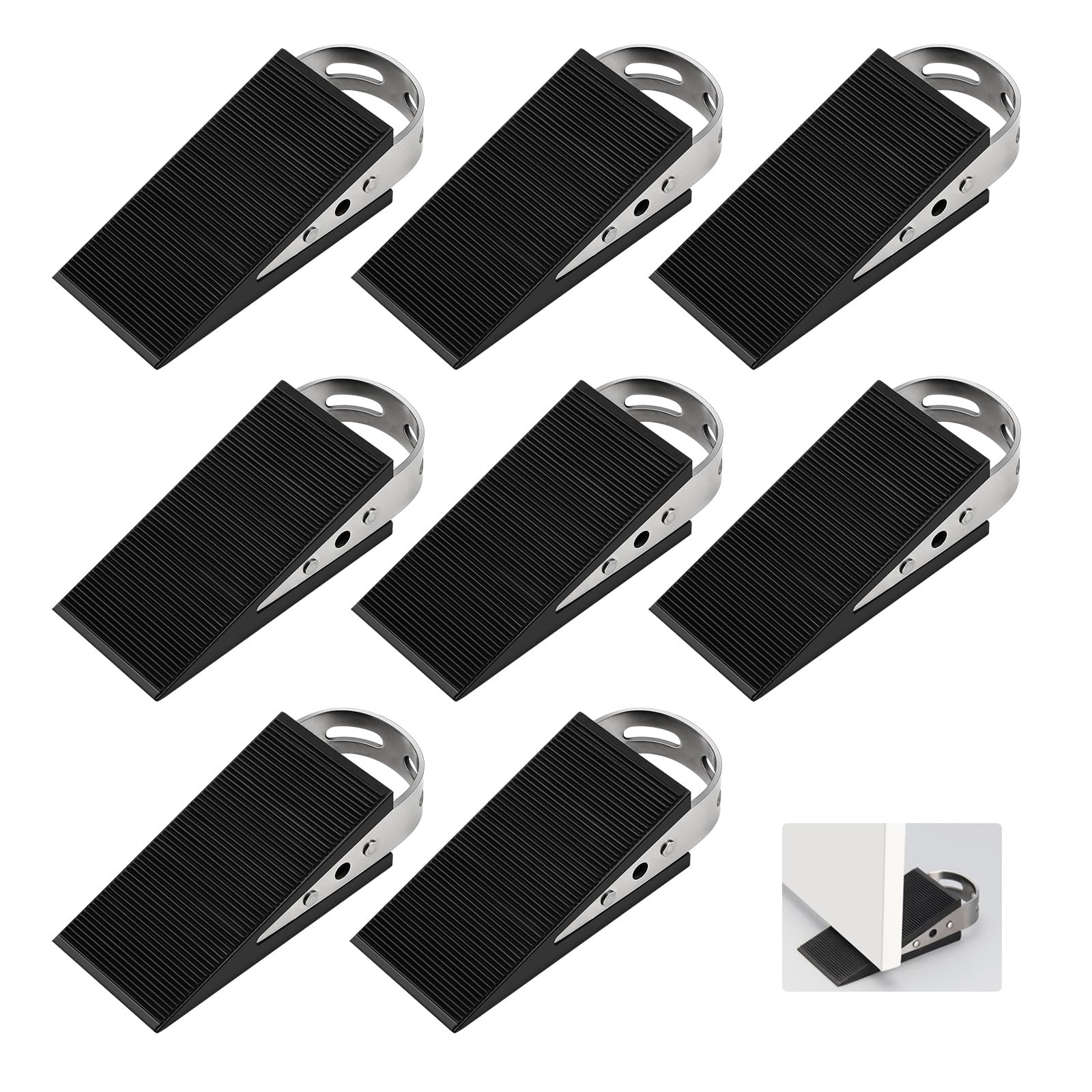 SUPAWAY 8 x Rubber Door Wedges - Mobile Door Stop - Black - Non-Slip Rubber Wedges with Stainless Steel Brackets - Anti-Scratch