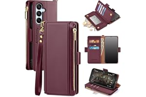 Antsturdy Compatible with Samsung Galaxy A16 5G Case Wallet with Card Holder Women Men Phone Case RFID Blocking PU Leather Flip Protective Cover Wrist Strap Zipper Credit Card Slots,Wine Red