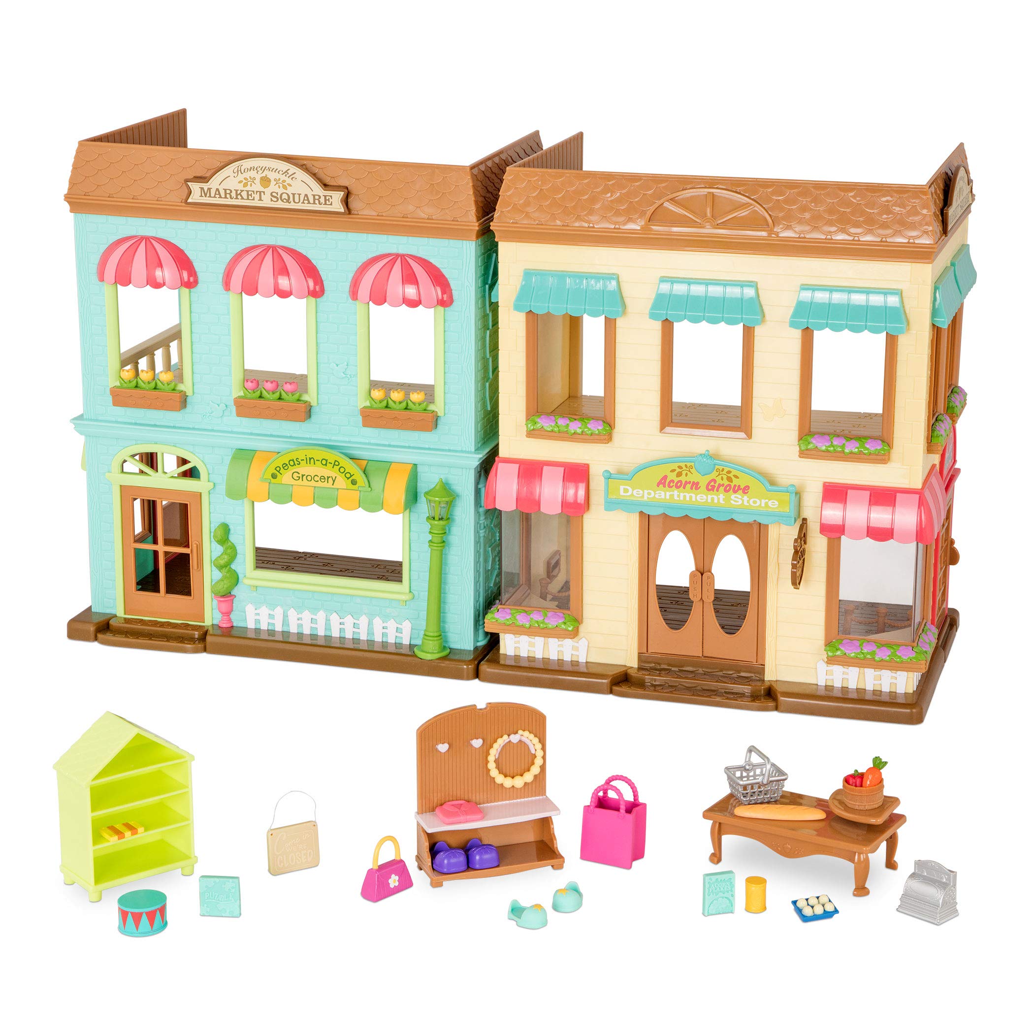 Li'l Woodzeez – Honeysuckle Square Market & Shopping Playset with 24 Pieces, Miniature Animal Figures & Accessories for Imaginative Play, 3+ Years