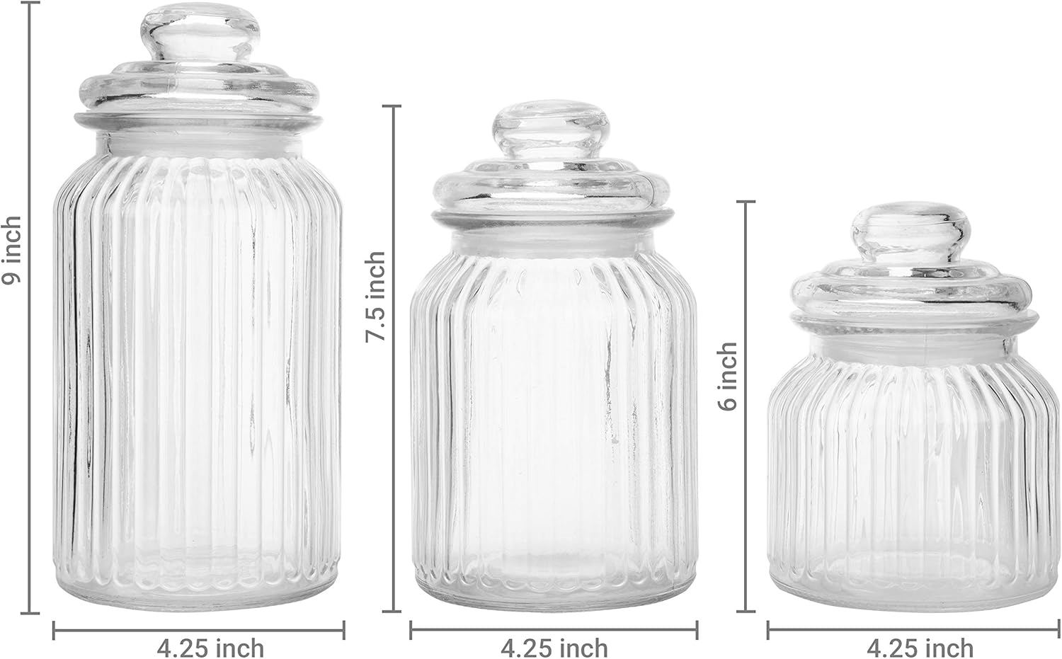 MyGift 22oz / 32oz / 44oz Vintage Ribbed Glass Apothecary Jars, Storage Canisters with Airtight Lids, Set of 3: Home & Kitchen