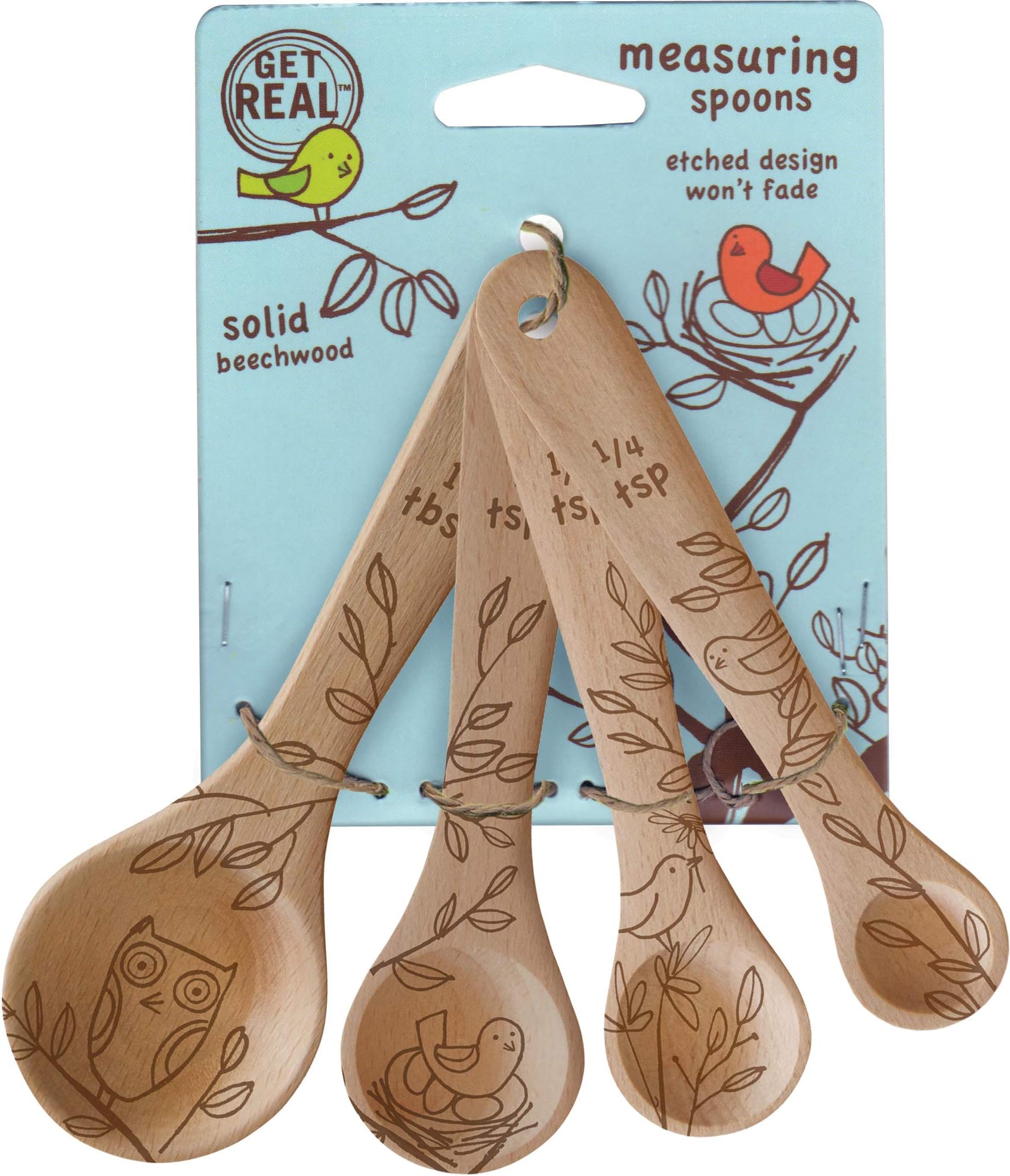 Talisman Designs Laser Etched Beechwood Measuring Spoons | Set of 4 | Nature Design | Natural Wooden Measuring Spoons Set | Cute & Functional Kitchen Tools