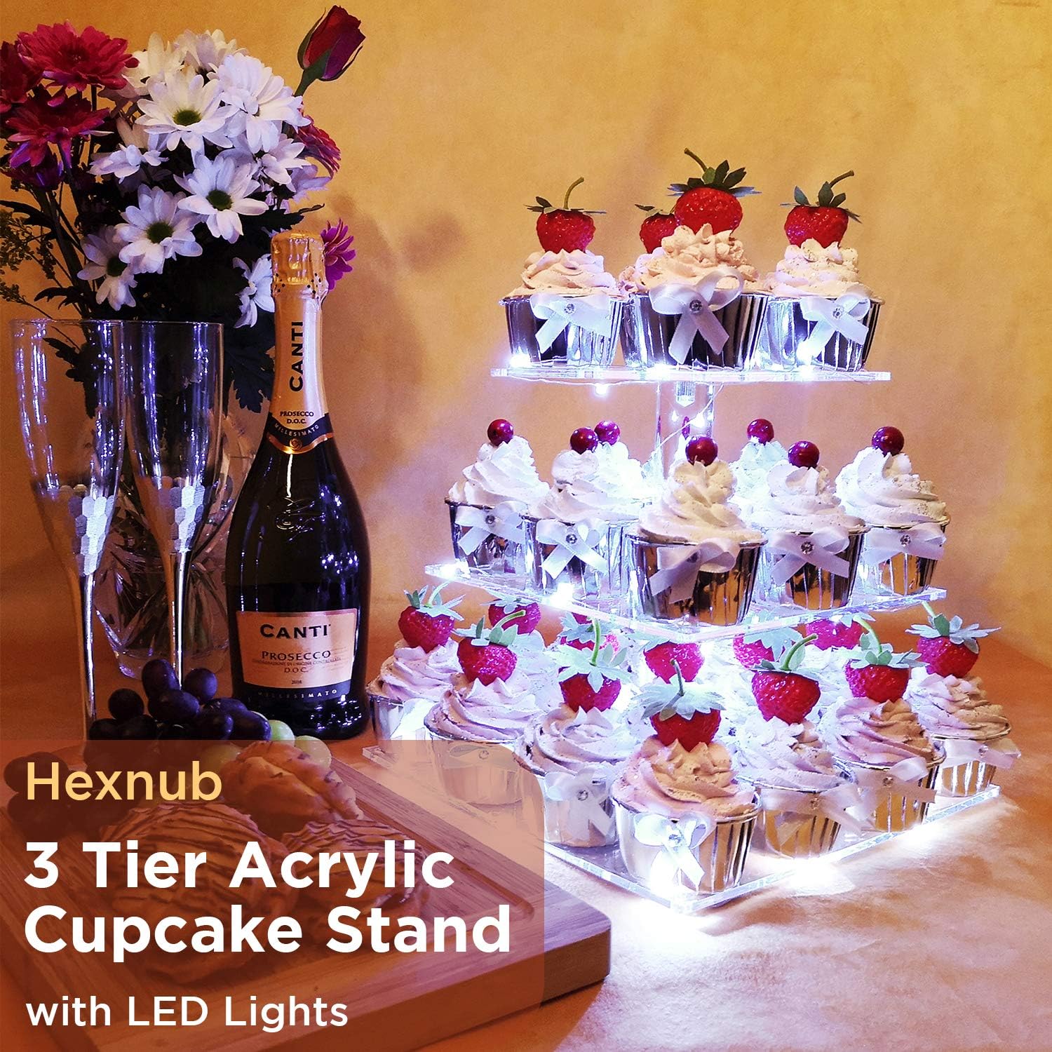 HEXNUB – 3 Tier Cupcake Stand and Display Tower, White LED Lights ...