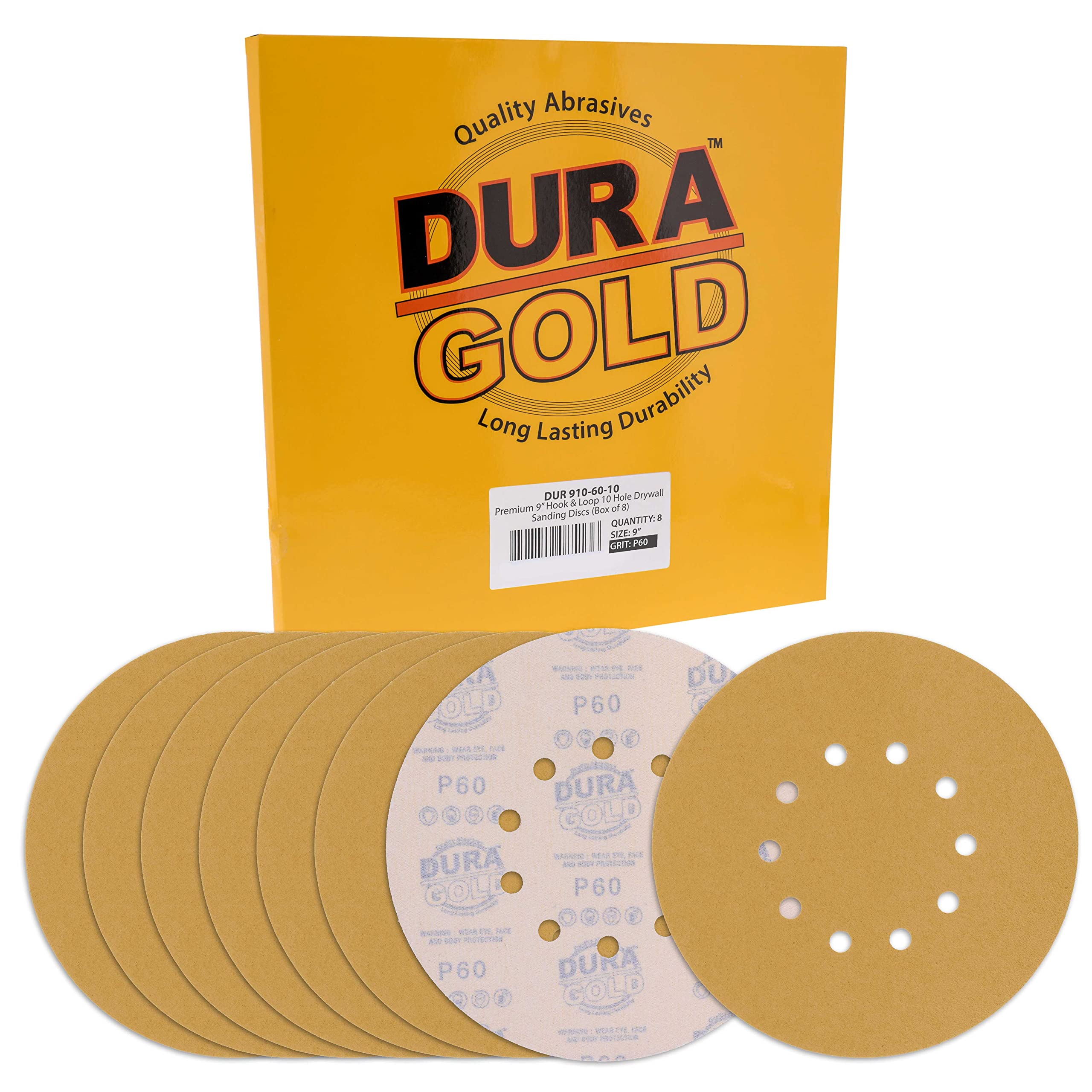 Dura-Gold - Premium Drywall Sanding Discs - (60 Grit) - 9" Gold Hook & Loop Discs with 10 Hole Pattern - Box of 10 Sandpaper Finishing Discs for Drywall