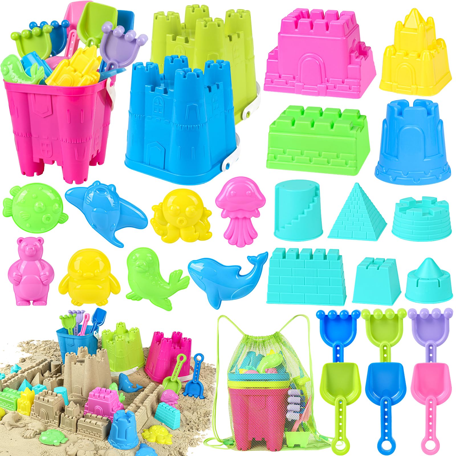 KUBUSFLY Beach Toys for Toddlers, Sand Castle Toys with 3 Bucket, 6 Shovels, Mesh Bag & Sandbox Molds Travel Sand Toys for Beach Sandbox Toys for Toddlers Kids Baby Boys Girls Age 3-10