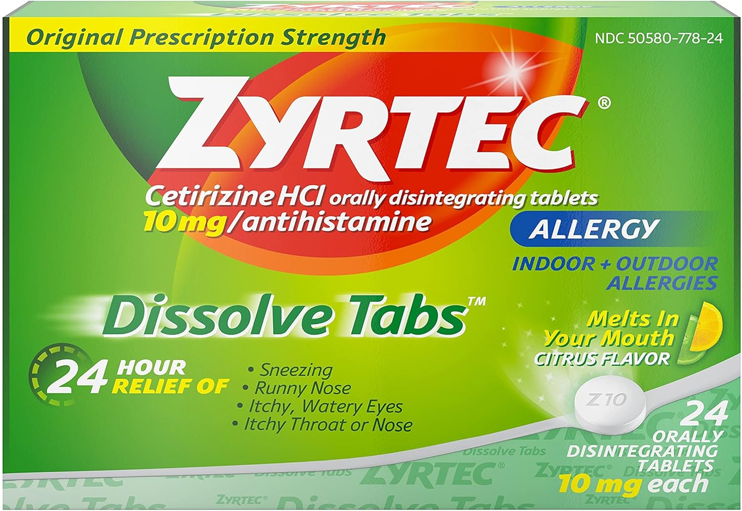 Zyrtec 24 Hour Allergy Dissolve Tablets with Cetirizine HCl Antihistamine, Citrus Flavored, 24 ct: Health & Personal Care