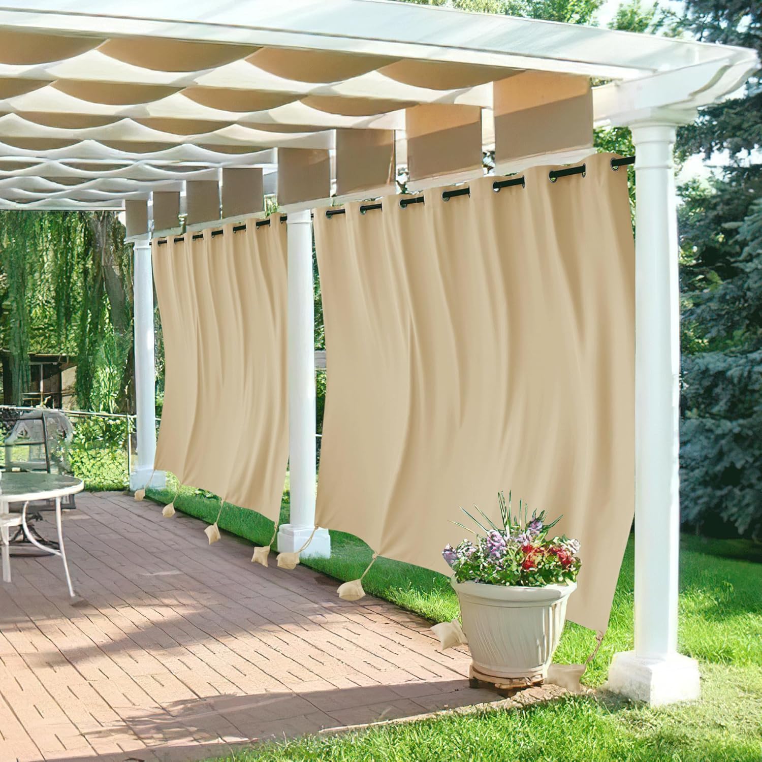 Outdoor Curtains - RYB HOME Extra Wide Outdoor Curtains Windproof, Blackout Waterproof Privacy Outside Curtains for Patio Pergola Pool Hut Screen Porch Outside Deck, W 105 x L 96 inch, Beige, 2 Panels
