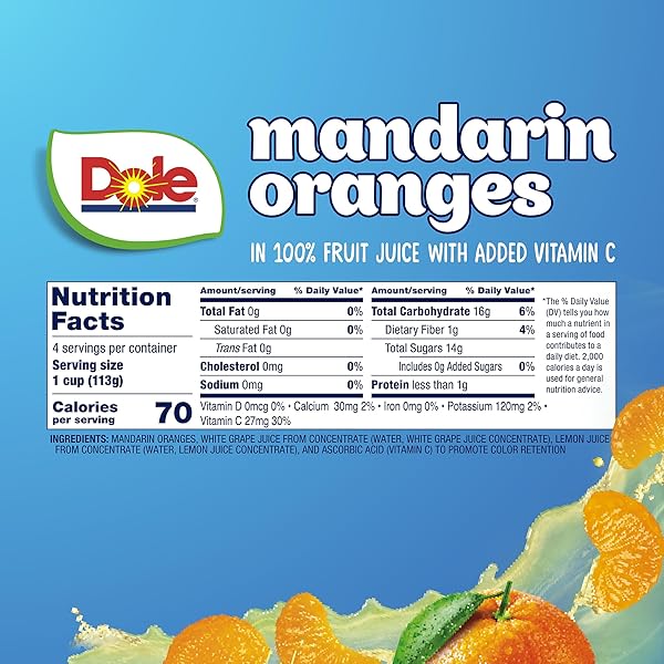DOLE FRUIT BOWLS MANDARIN ORANGES IN 100% JUICE SNACKS, 4OZ 24 TOTAL CUPS, GLUTEN & DAIRY FREE, BULK LUNCH SNACKS FOR KIDS & ADULTS