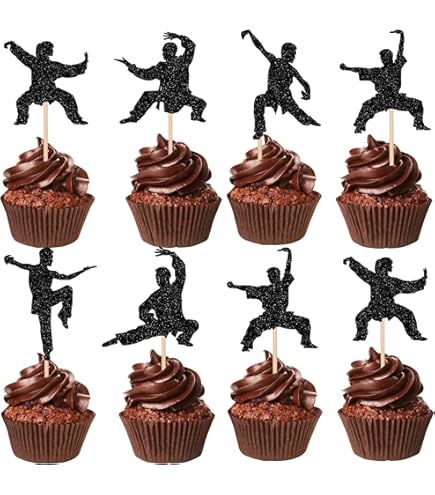 Décoration De Gâteau Anniversaire Karaté - Thème Taekwondo Kung-fu, Pailletée Noire, Pic à Gâteau - 12