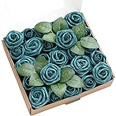 Ling's moment Artificial Wedding Flowers 1.5" Rose Buds and 2" Petite Roses 25pcs Dark Teal w/Stem for DIY Wedding Boutonniere Wrist Corsages Bouquets Centerpieces Arrangements