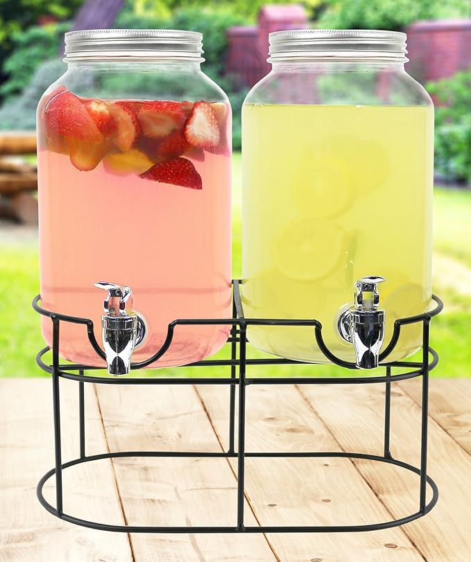 Estilo Glass Mason Jar Double Beverage Drink Dispenser On Metal Stand