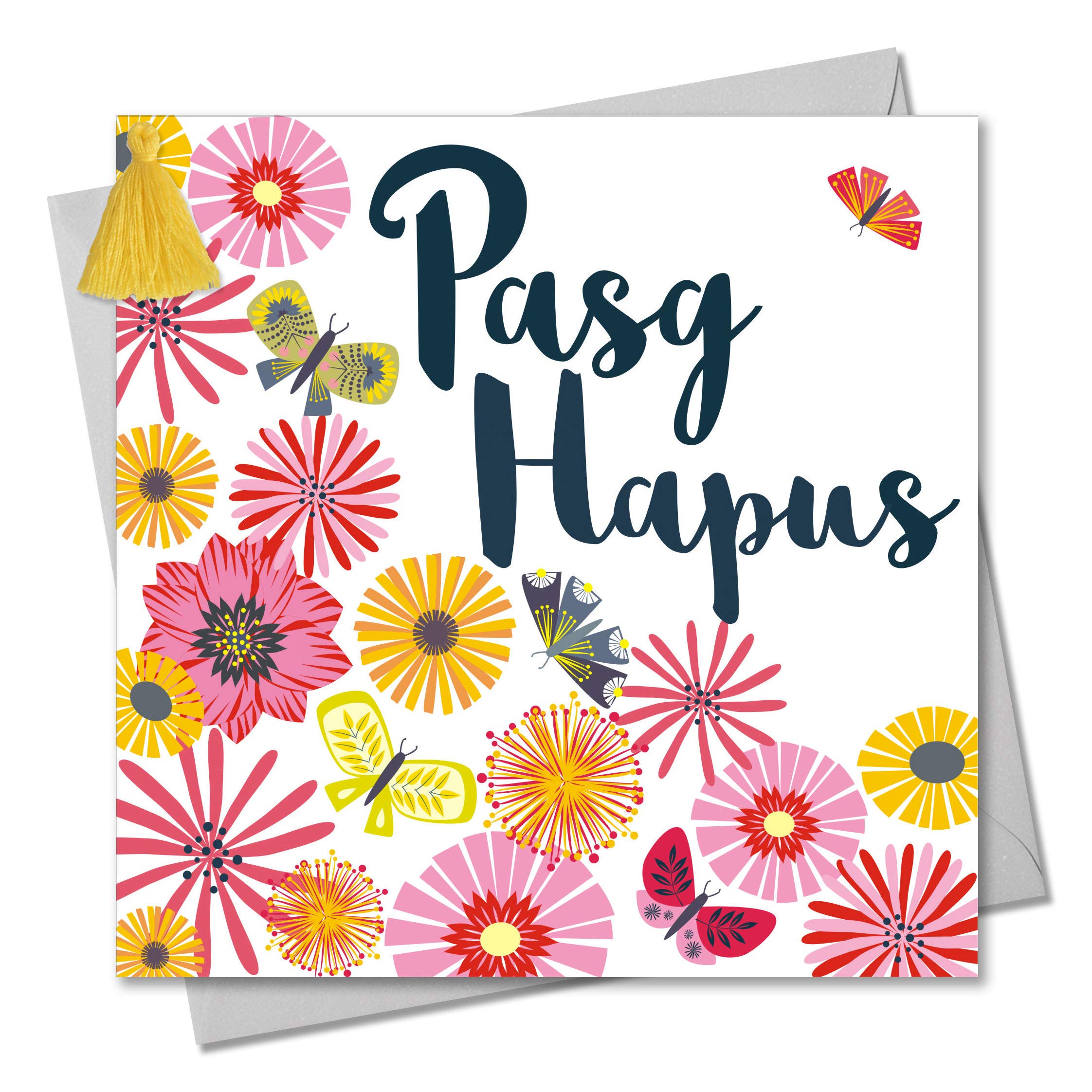 Claire Giles Greeting Cards, Welsh Happy Easter Card, Pasg Hapus, Tumbling Flowers Design Greeting Card, Tassel Embellished