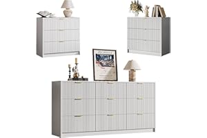 MAISONARIA 3-Piece Dresser Bedroom Set, 9 Drawer Dresser & 3 Drawer Nightstands with Gold Handles, Fluted Wood Chest of Drawers for Bedroom, Living Room, Entryway, White