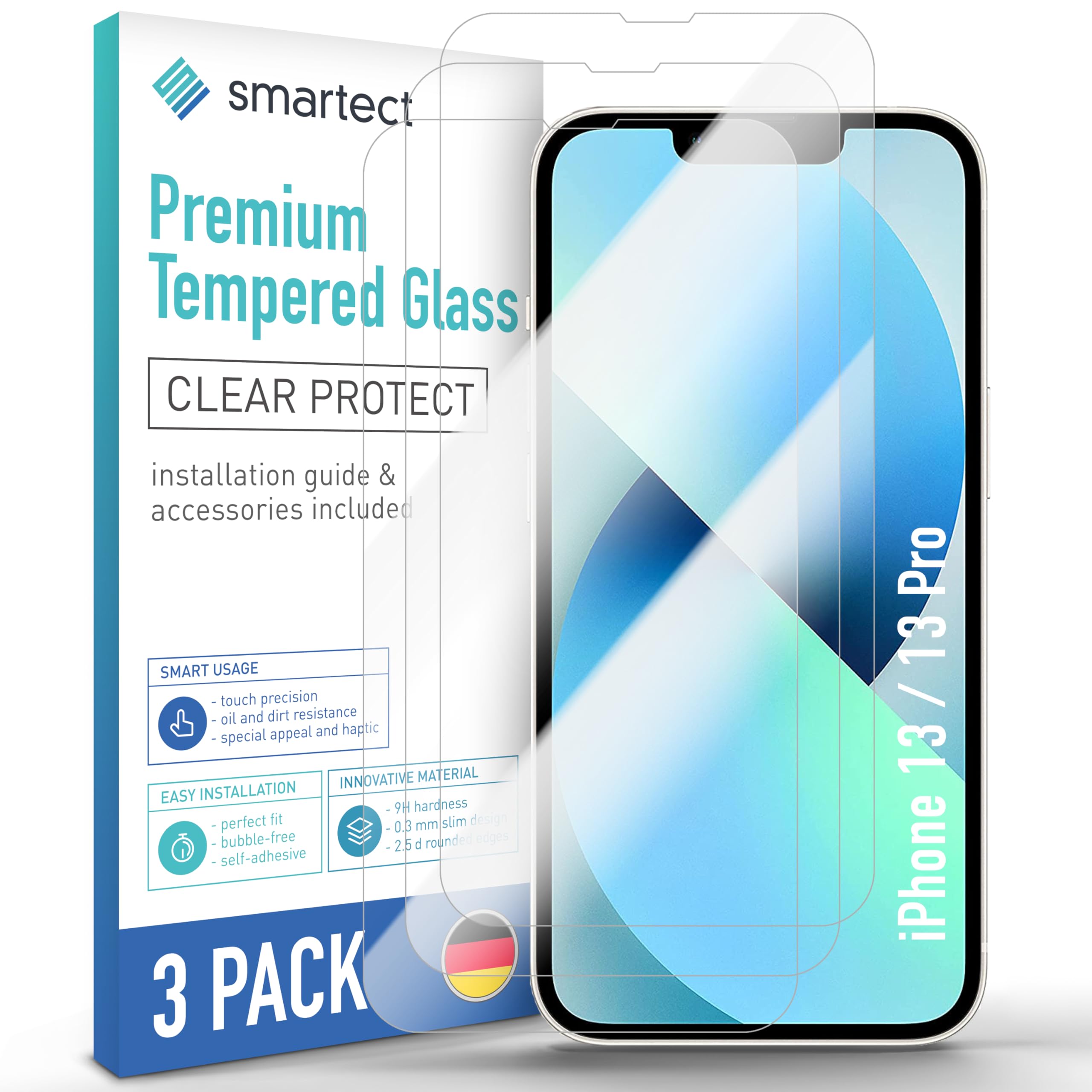 smartect Glass Screen Protector [3 Pieces, Ultra-Clear] for iPhone 13/13 Pro, HD Protective Film Anti Scratch, Bubble Free, 9H Hardness, Ultra Resistant