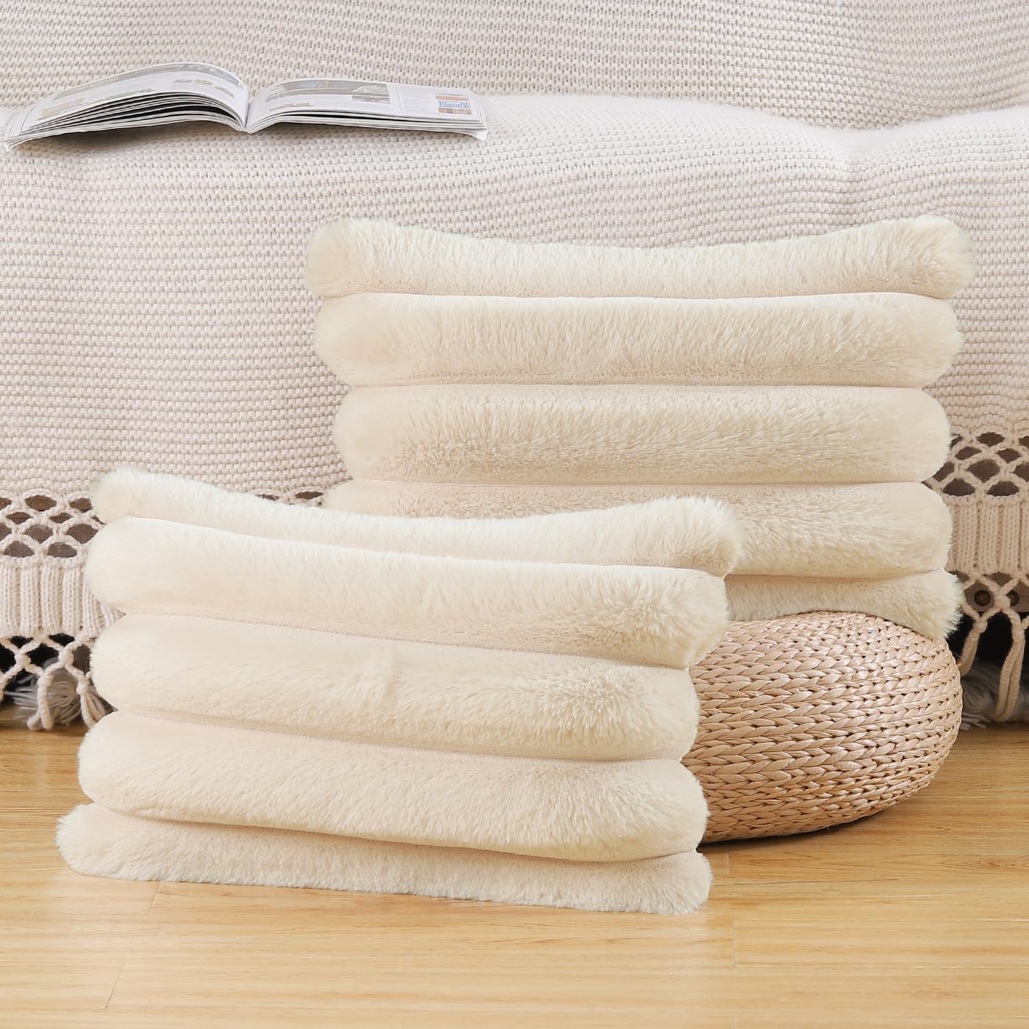 Madizz Plush Faux Fur Throw Pillow Covers 12x20 inch, 30x50 cm Beige Set of 2 Fluffy Striped Soft Decorative Cushion Cover for Sofa Bedroom Pillow Shell