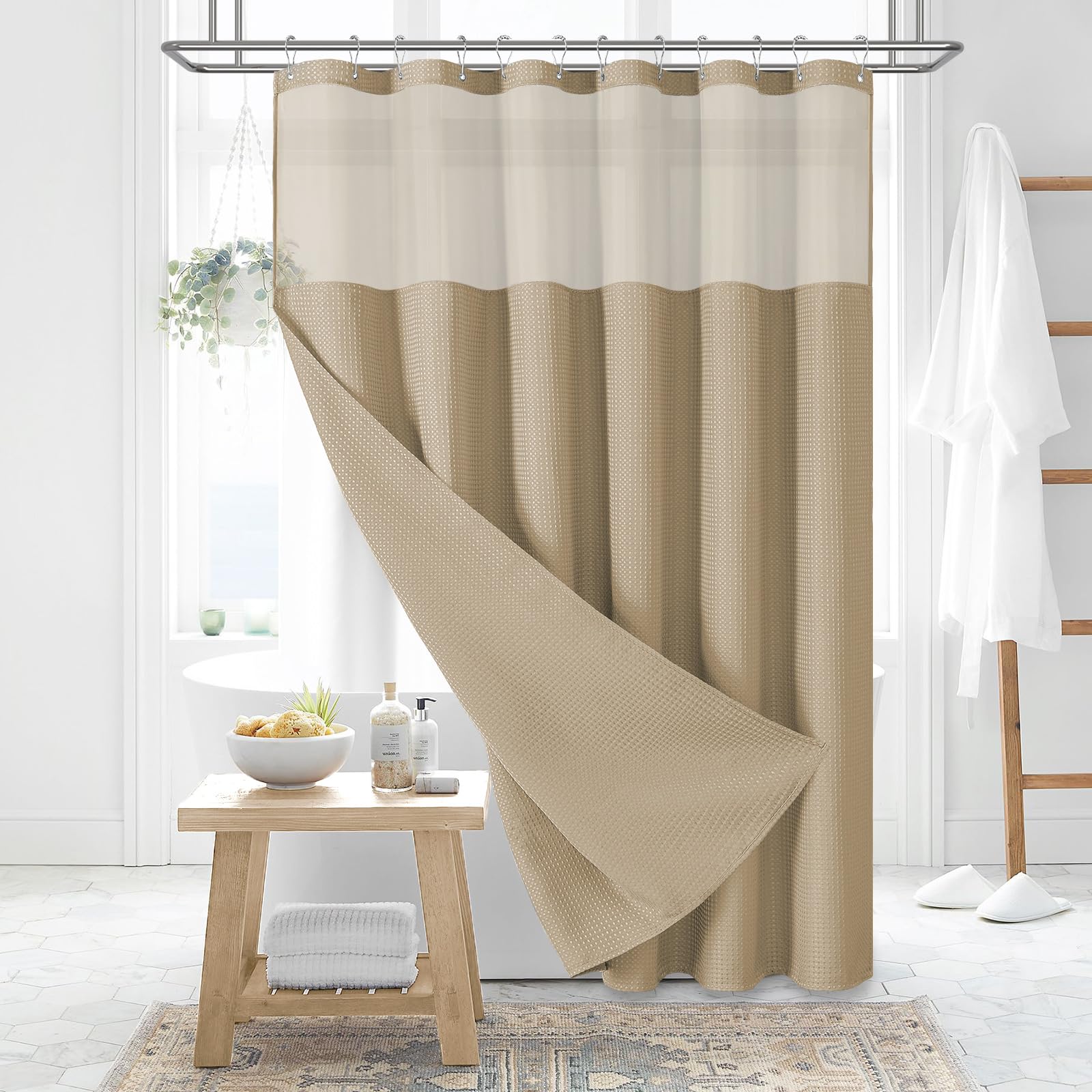 Photo 1 of Dynamene 78 Inch Long Shower Curtain, Tall Waffle Fabric Shower Curtains for Bathroom, Hotel Waterproof Cloth Shower Curtain Liner Set with Hooks, Snap in Liner, Mesh Top Window, Beige, 72x78