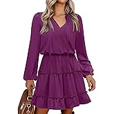 Caracilia Long Sleeve Dress for Women Fall 2025 Casual V Neck High Waist Tiered Ruffle Aline Swing Tunic Short Mini Dresses