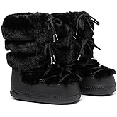 JIANCHIBUXIE Snow Boots for Women,Winter Furry Faux Fur Boots Winter Black White Pink Fur Lined Lace-up Mid-Calf Non-Slip Fuzzy Boots
