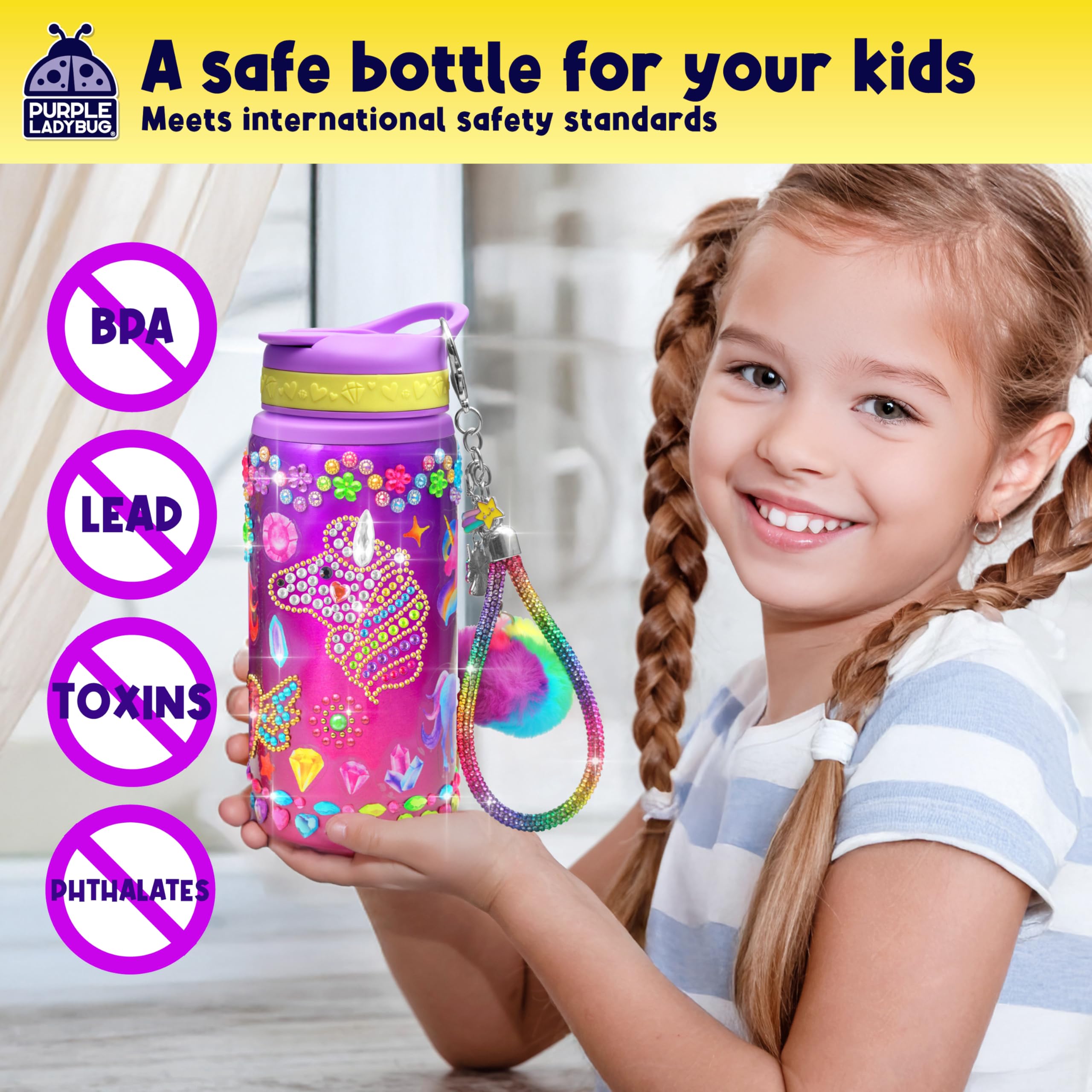 PURPLE LADYBUG Decorate Your Own Water Bottle Kit for Girls - Unicorn Design with Glitter Gem Stickers, Gifts for Girls Ages 5-8-10 Years Old Birthday, Fun Craft for Kids, Water Bottle for School