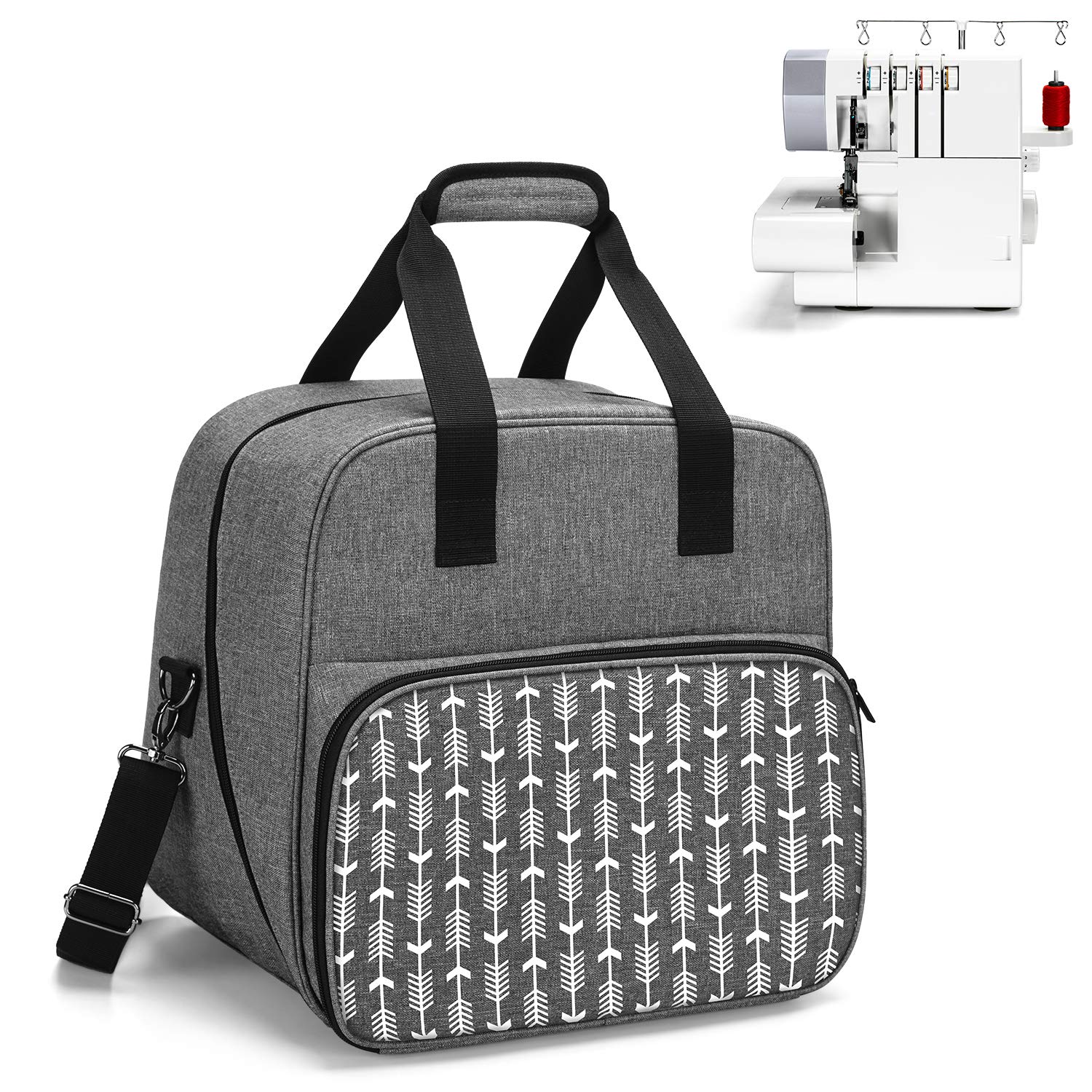 Yarwo Overlocker Bag with Bottom Wooden Board, Universal Overlock Sewing Machine Case Fit for Most Standard Overlocker and Accessories, Grey with Arrow Pattern