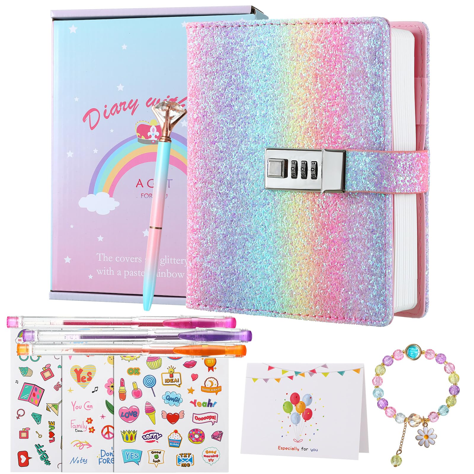 JIALILI Rainbow Diary with Lock for Girls, Lock Diary for Girls Age 8-12, Birthday Gifts for 9 10 11 12 Year Old Girls, Password Locked Journals for Teen Girls