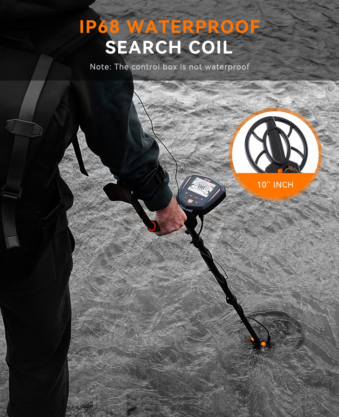 SUNPOW Metal Detector, IP68 Waterproof Coil, Identify 9 Types of Metals, High Accuracy, 10 Inch Detection Depth, 5 Modes, Strong Anti-Interference, Suitable for Adults and Kids (OT-MD07)